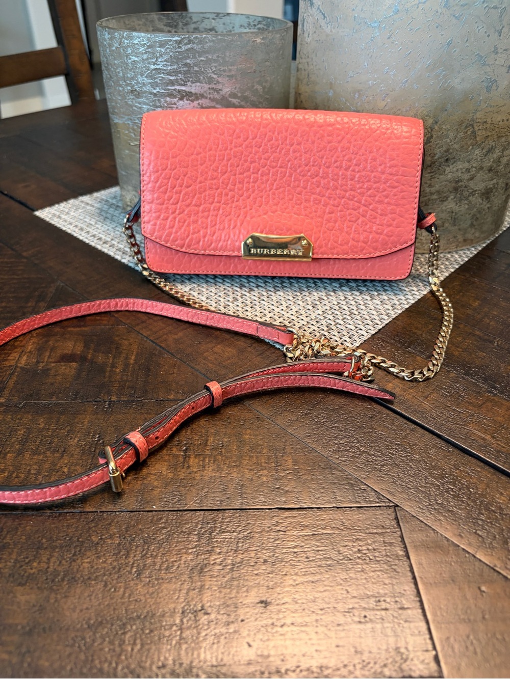 Burberry Coral Pink Pebbled Leather Crossbody with Gold Hardware